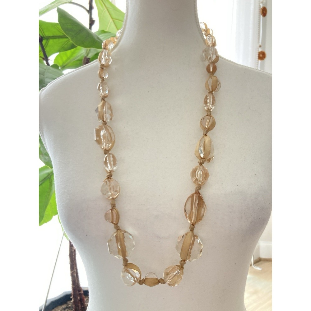 Romantic Long Champagne Blush Beaded Necklace Faceted Acrylic‎ Beads Ribbon Tie